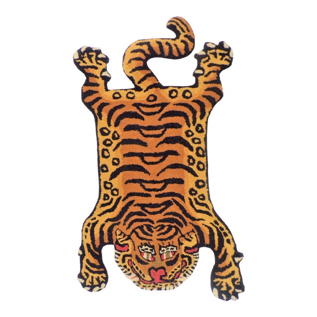 Vintage Tibetan Tiger Hunting Shape Persian Rug For Sale
