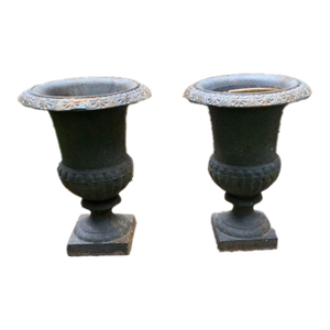 Early 20th Century French Style Cast Iron Garden Urns Planters - Set of 2