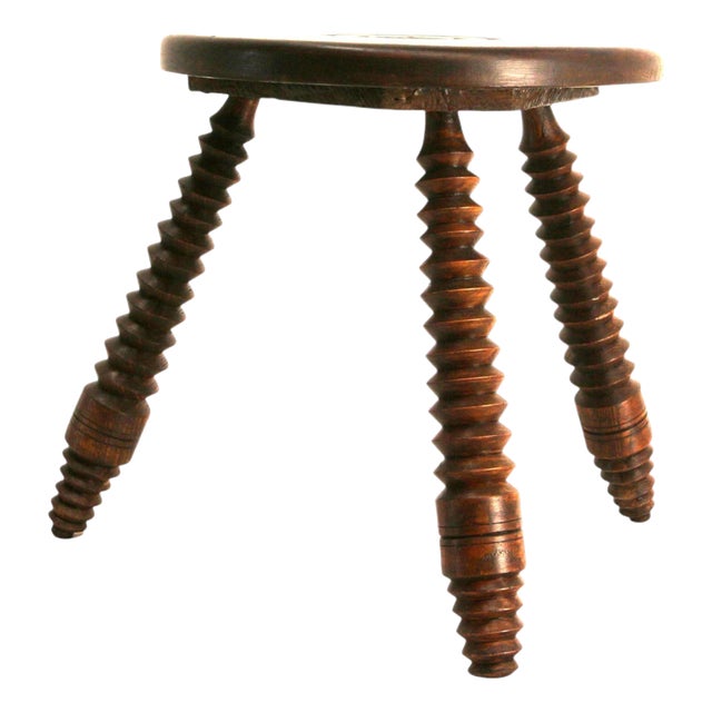 Three Legs Stool Round Oak in the style of Dudouyt, France, 1950 For Sale