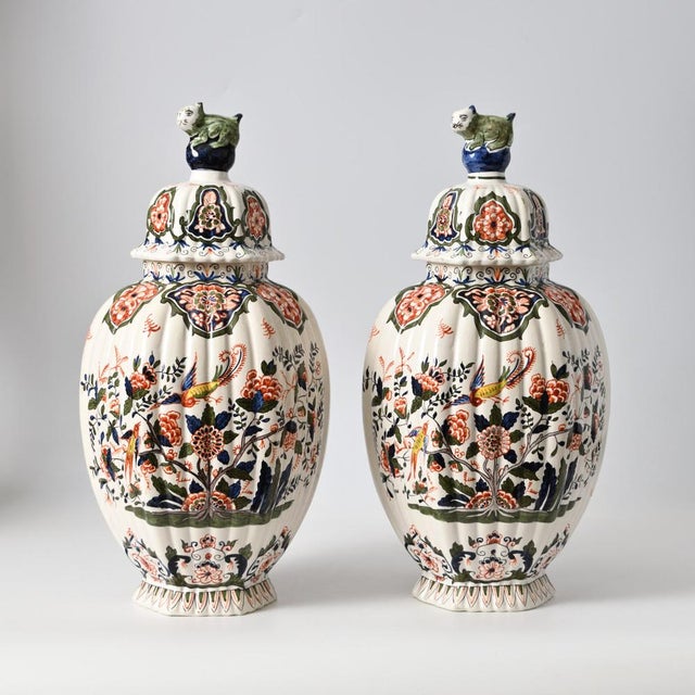 Polychrome Delft Vases by Louis Fourmaintraux, Set of 2 For Sale - Image 12 of 12