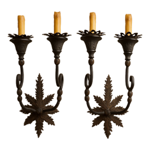 Pair of 1990s Metal Two Light Wall Sconce With Acanthus Leaf Back Plate and Twisted Arms