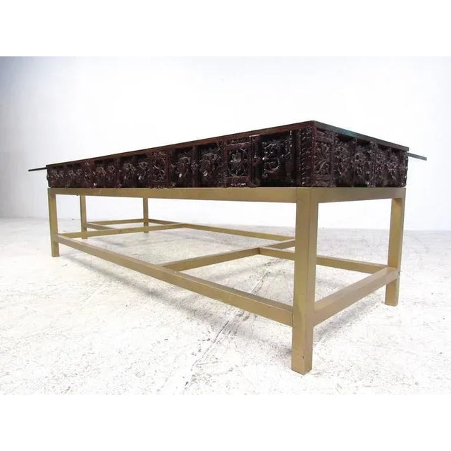 Mid-Century Modern Vintage Modern Glass and Carved Wood Coffee Table For Sale - Image 3 of 8