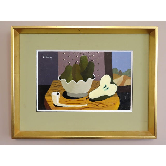 TABLETOP WITH PEARS Size: 13.6 x 17.7 inches (including frame) Tempera on board A charming and characterful mid-century...
