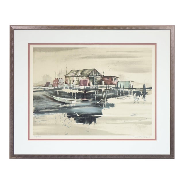 Late 20th Century Dock and Boats – Signed Lithograph For Sale