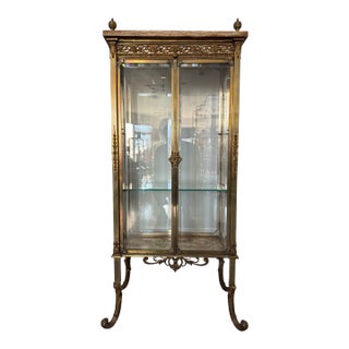Antique French Brass & Glass Vitrine Cabinet With Onyx Marble Top, C. 1900 For Sale