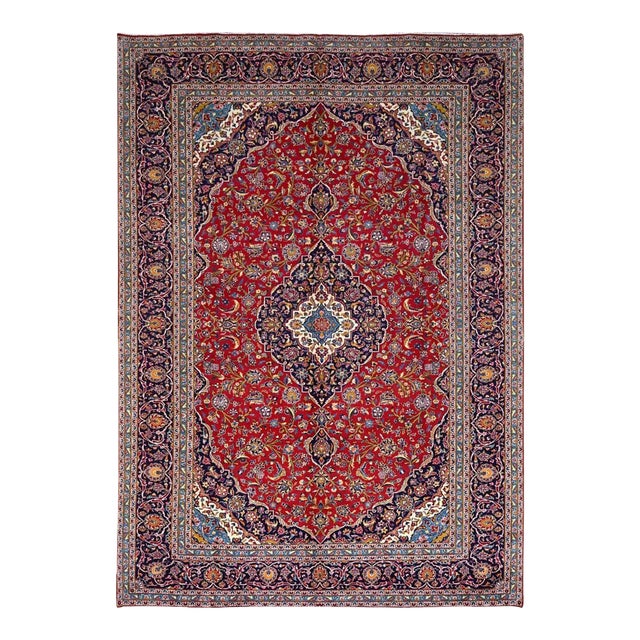 1960 Pepper Red Old Persian Kashan Central Medallion Hand Knotted Soft Wool Clean Rug For Sale