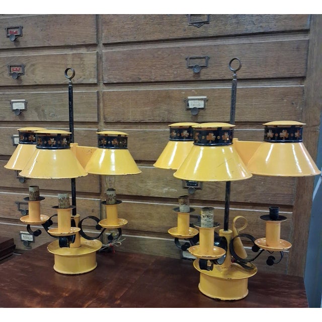 Metal Empire 3-Light Bouillotte Lamps in Lacquered Sheet Metal with Candle Extinguisher, 1920s, Set of 2 For Sale - Image 7 of 8