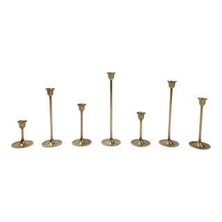 Vintage MCM Brass Tulip Candlestick Holders, Set of 7 For Sale