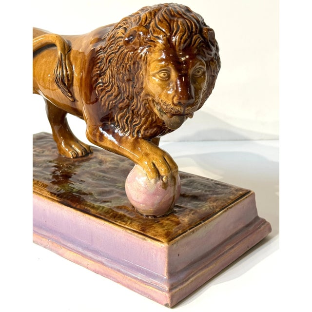 Rare Pair of Ralph Wood Staffordshire Medici Lions in Pink and Blue Bases, Attributed to Ralph Wood, Staffordshire,...