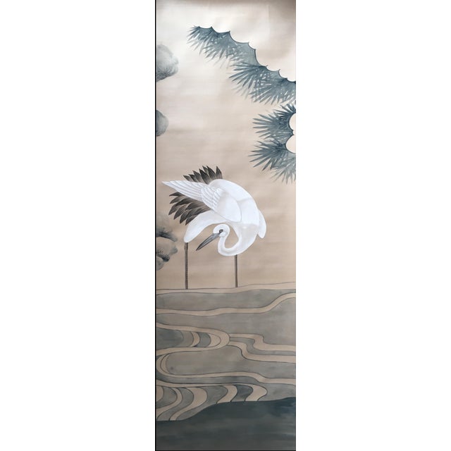 Hand-Painted Cranes Pine Silk Wallpaper | Chinese Style Luxury Mural For Sale - Image 4 of 4