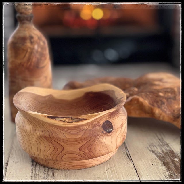 A remarkably sculptural, one-of-a-kind 3-piece studio craft styling vignette masterfully hand-turned from natural solid...