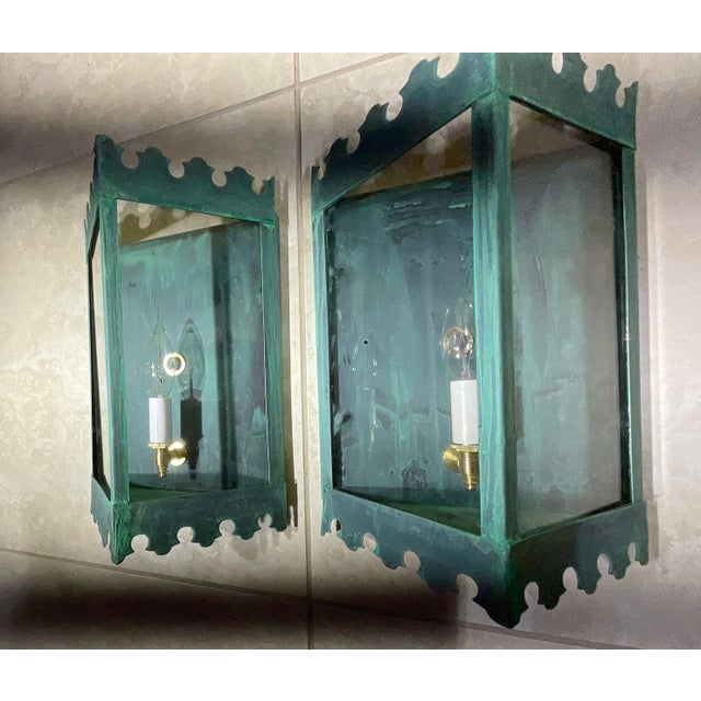 Pair of Artistic Vintage Patinated Metal Wall Lantern Sconces For Sale - Image 10 of 12