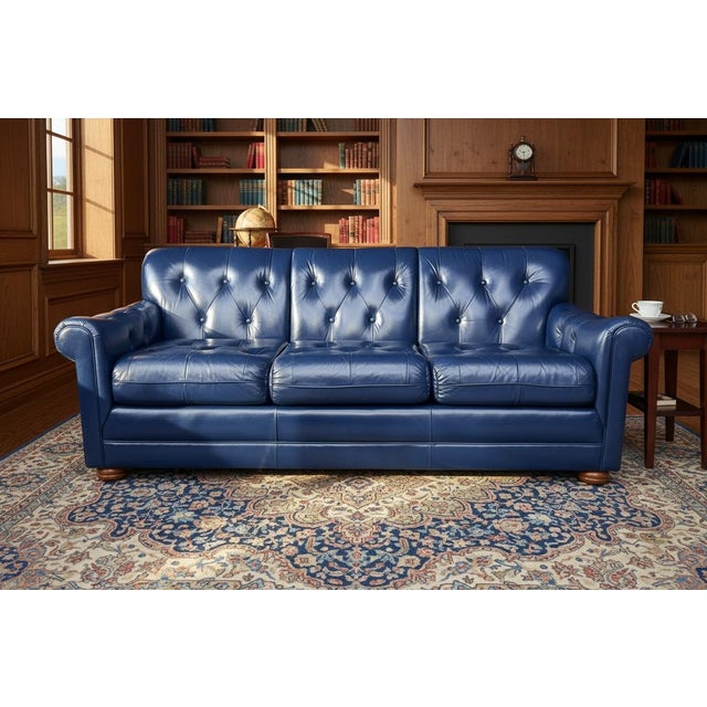 1960s Hollywood Regency Navy Blue Button-Tufted Leather Sofa For Sale - Image 15 of 15