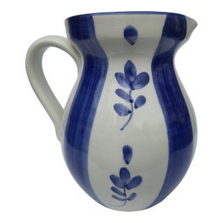 Vintage Hand-Painted Italian Blue & White Ceramic Pitcher | Mediterranean Farmhouse Artisanal Pottery Vase For Sale