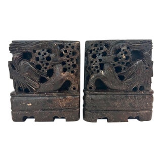 Vintage Chinoiserie Carved Soapstone Phoenix Bookends – Mirrored Pair For Sale