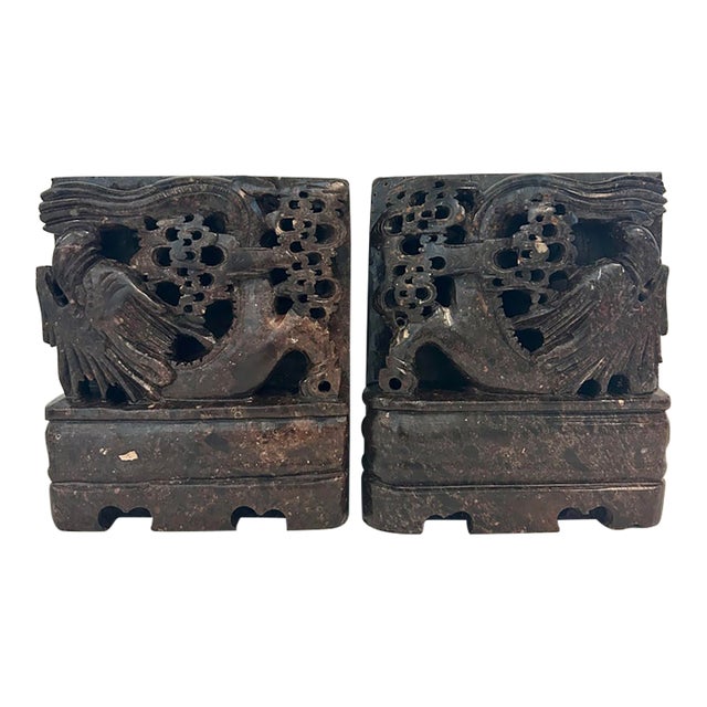 Vintage Chinoiserie Carved Soapstone Phoenix Bookends – Mirrored Pair For Sale
