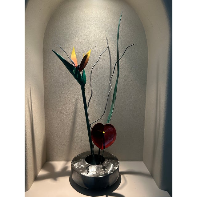 Green Contemporary Handcrafted Metal Floral Sculpture - Bird of Paradise & Anthurium in Brushed Steel Base - signed "K Johnson" For Sale - Image 8 of 9