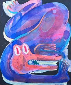 21st Century Contemporary Abstract Pink & Blue Biomorphic Contorted Alligator Figure Painting by Cecilia Beaven