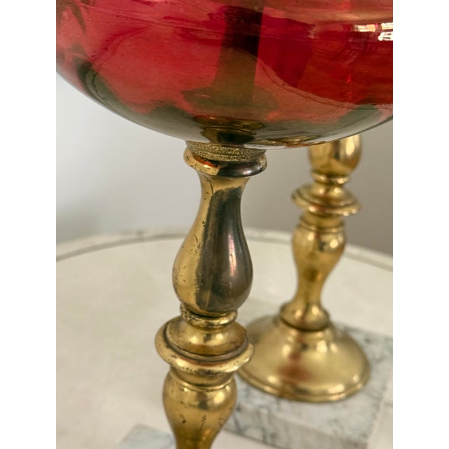 Red 1960s Mid Century Modern Cranberry Glass and Brass Lamps on Marble Bases, a Pair For Sale - Image 8 of 8