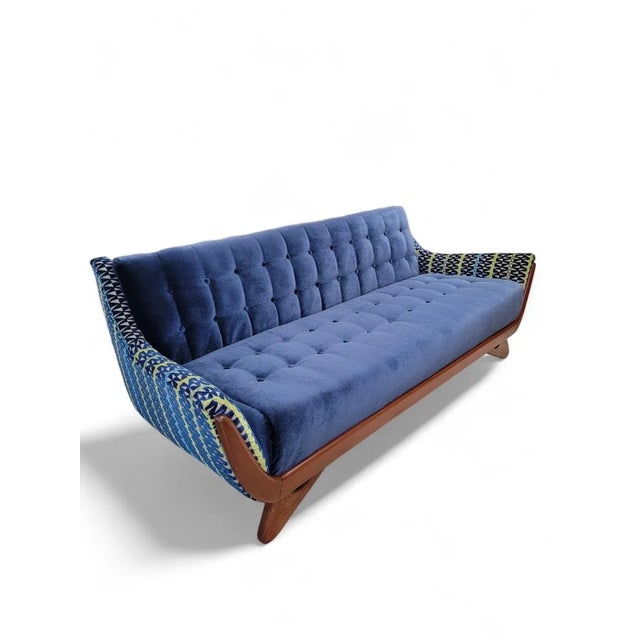 Mid Century Modern Adrian Pearsall Style Gondola Sofa & Club Chair Set Newly Reupholstered in Patterned Chenille With Blue Mohair For Sale - Image 9 of 12