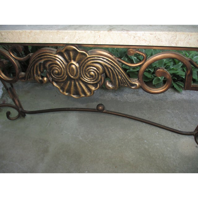 1980s Vintage French Ornate Iron With Marble and Glass Top Console Table For Sale - Image 5 of 18