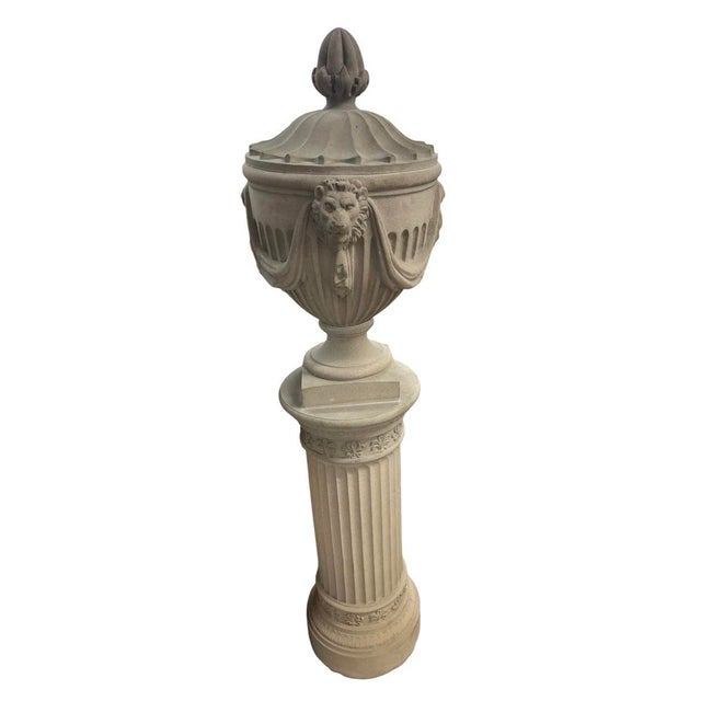Oyster Gray Pair of Neo-Classical Style Cast Stone Garden Urns and Pedestals For Sale - Image 8 of 12