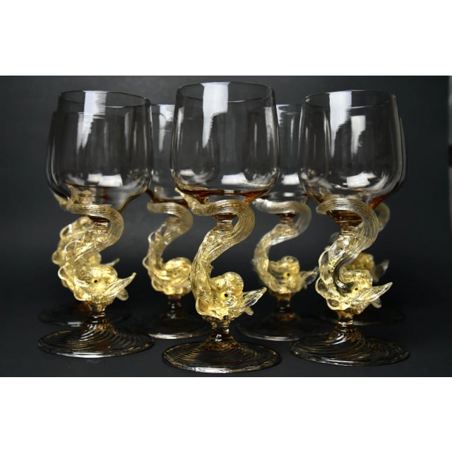 Gold Vintage Mid 20th Century Hand Blown Venetian Dolphin Goblets- Set of 7 For Sale - Image 8 of 12