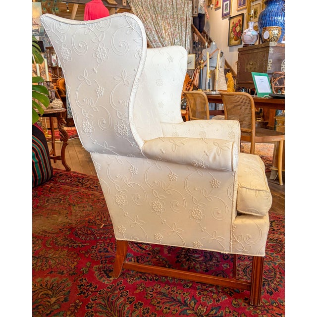 1980s Hickory Chair Co White Wingback Chair With Tone-on-Tone Embroidery and Matching Ottoman For Sale In Saint Louis - Image 6 of 11