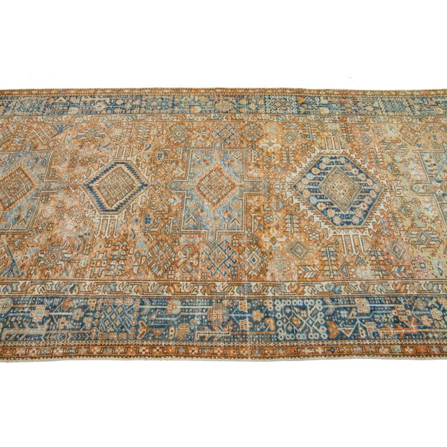 Orange Antique Heriz Handmade Wool Runner Featuring an Allover Geometric Motif For Sale In New York - Image 6 of 9