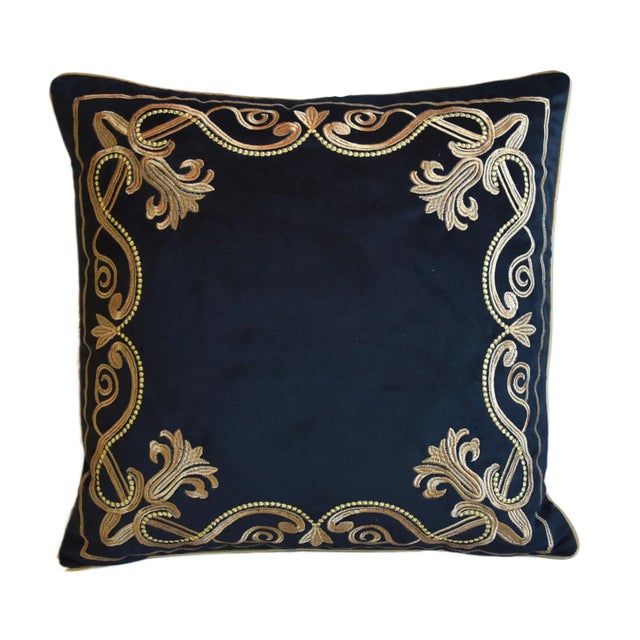 Gold Embroidered Floral Botanical Black Velvet Feather/Down Pillow 20" Square For Sale - Image 4 of 8