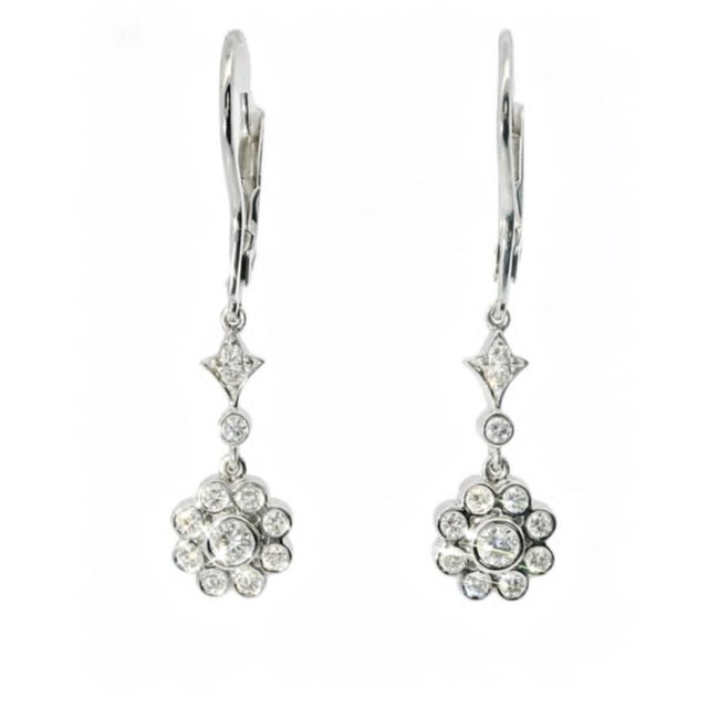 Mid 20th Century 14k White Gold Floral Diamond Drop Earrings Estate, Pair For Sale - Image 4 of 4