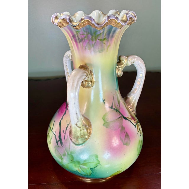 Antique Three Handled Nippon Ruffled Porcelain Vase For Sale - Image 4 of 8