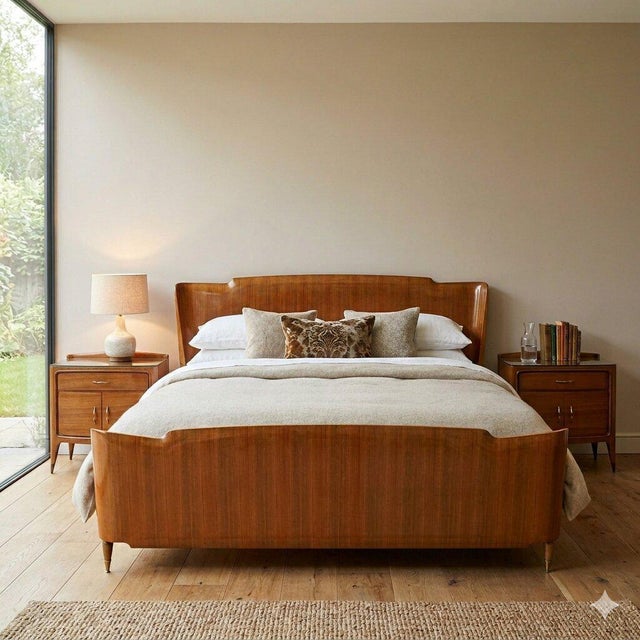 Walnut veneered wooden bed. In good condition. This piece is attributed to the mentioned designer/maker. It has no...