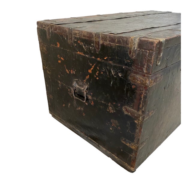 Rustic Painted Teak Traveling Trunk For Sale - Image 4 of 9