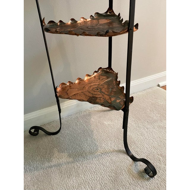 Vintage Midcentury Arts & Crafts Style Wrought Iron & Copper 3-Tier Stand For Sale - Image 10 of 10