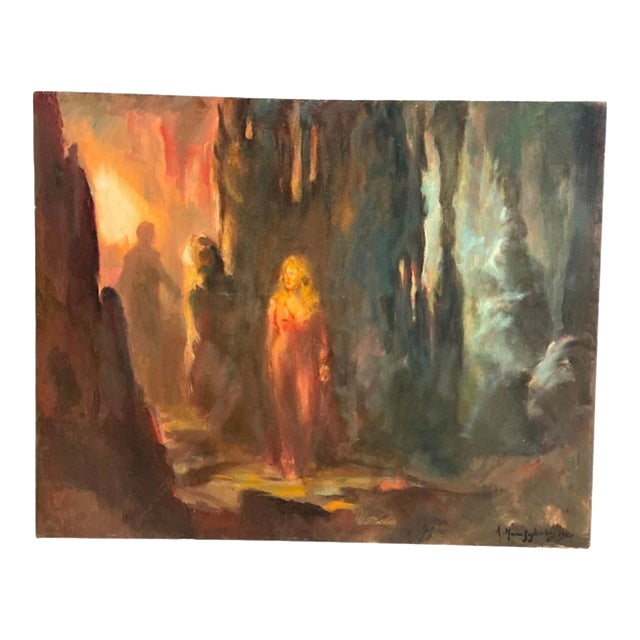 Antique Painting – Mystical Cave Figure Oil on Canvas (1980) For Sale