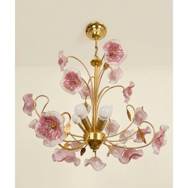 1970s Mid-Century Modern Pink Murano Glass Floral Petal Chandelier For Sale - Image 4 of 7
