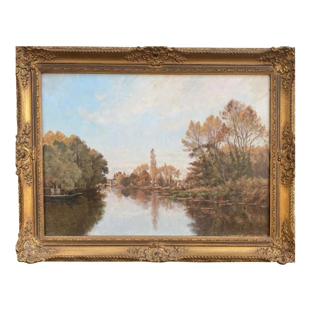 "Village Lake" 19th-Century Antique Framed European Landscape Painting For Sale