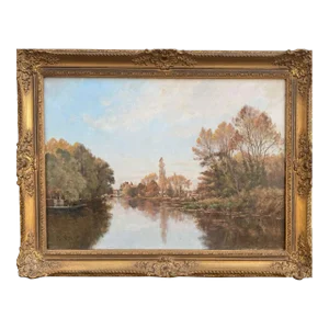 "Village Lake" 19th-Century Antique Framed European Landscape Painting