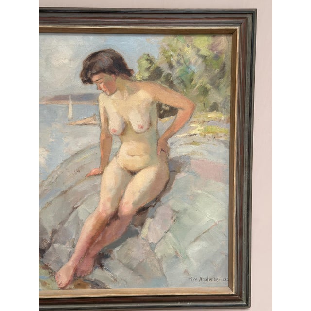 Karl Vilhelm Anstensen, Coastal Scene with Sunbathing Nude Woman, 1957, Oil Painting on Canvas, Framed For Sale - Image 11 of 17