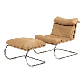 Stainless Steel and Canvas Cantilever Mr Lounge Chair & Ottoman After Mies Van Der Rohe For Sale