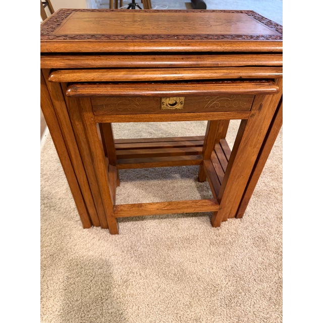 Largest table measures approximately: 19.5" H × 20" W x 14" D Beautiful vintage (over 50 years old) set of four...