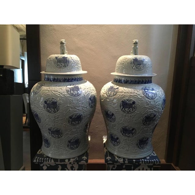 Porcelain Blue and White Giant Jar Vases, Set of 2 For Sale - Image 3 of 12