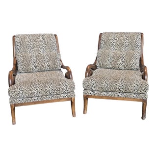 Pair of Late 20th Century Safari Style Wooden Framed Arm Chairs With Designer Leopard Print Fabric For Sale