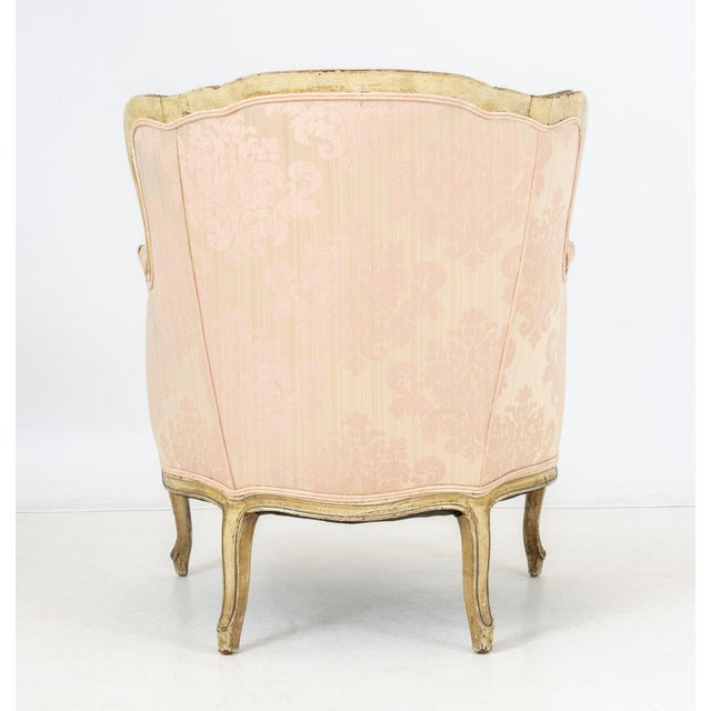 Wood Louis XV Style Pink Silk Damask Bergere For Sale - Image 7 of 7