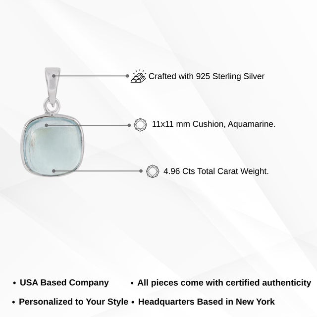 Minimalist Cushion Cut 4.96 Ct Aquamarine Bezel Set Solitaire Pendant in 925 Silver For Sale - Image 9 of 12