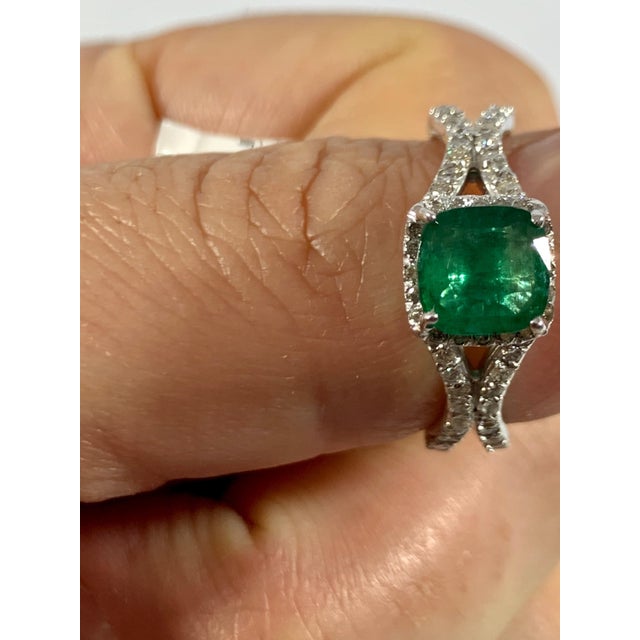 2010s 1.3 Carat Cushion Cut Emerald and 1.2 Carat Diamond Ring 14 Karat White Gold For Sale - Image 5 of 18