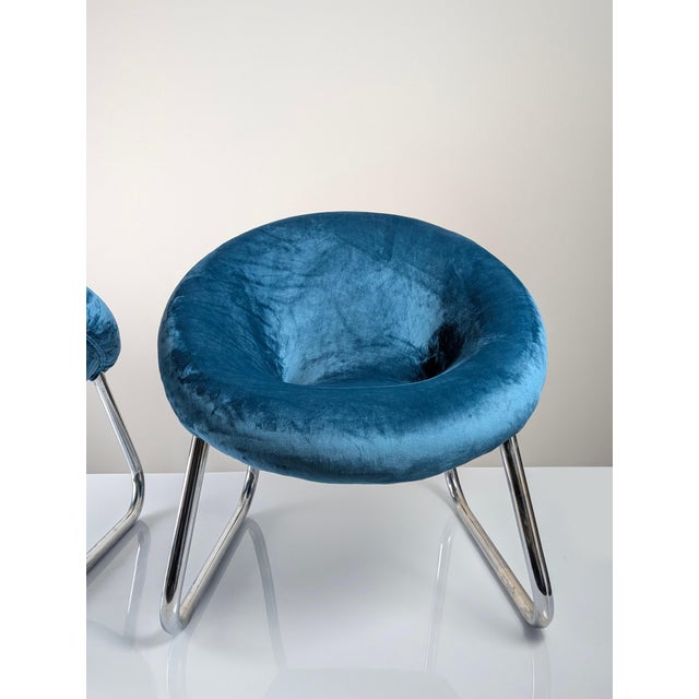 Chromed Metal and Blue Velvet Armchairs, Set of 2 For Sale - Image 10 of 15