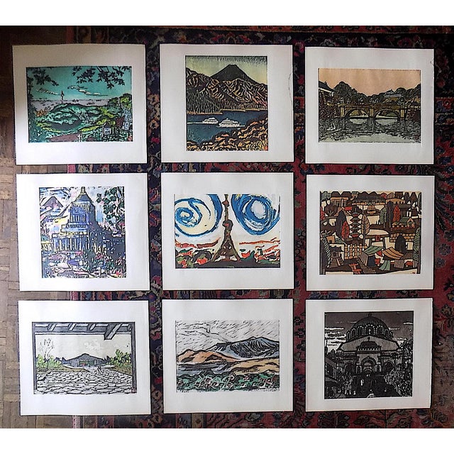 Blue Vintage Signed Folio Size Mid 20th C. Japanese View Lithographs - Set of 9 For Sale - Image 8 of 8