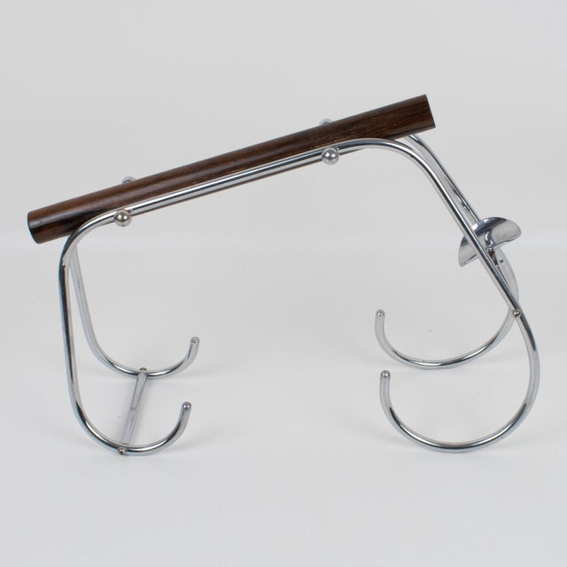 Silver 1940s Jacques Adnet Art Deco Chrome and Wood Bottle Holder Wine Pourer Server For Sale - Image 8 of 11